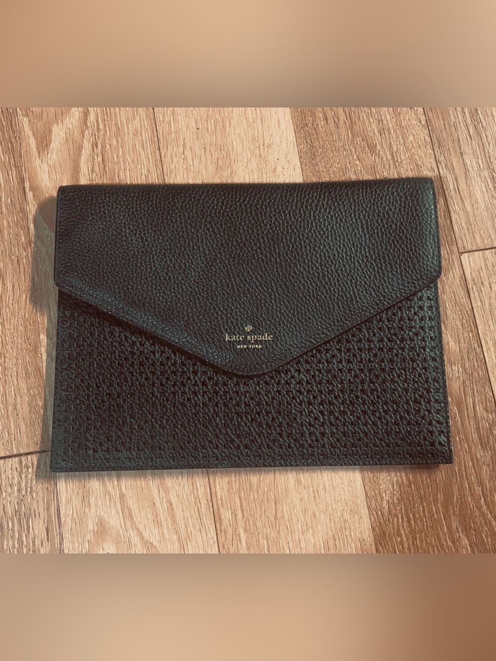 kate spade black pebbled leather envelope clutch